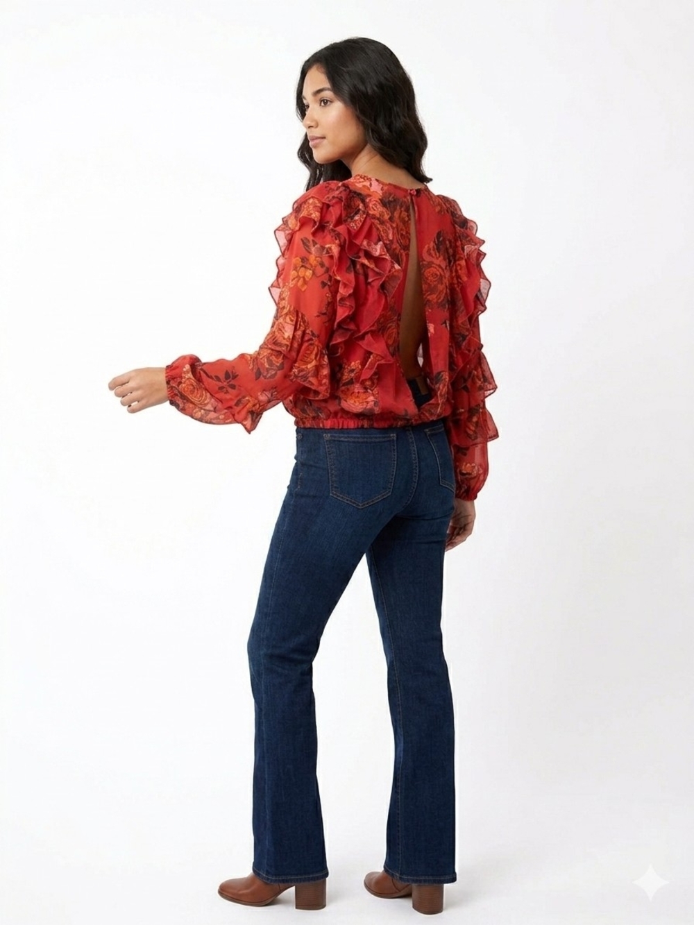 Truth NYC Floral Ruffle Blouse Red Orange Sheer Boho Top XL